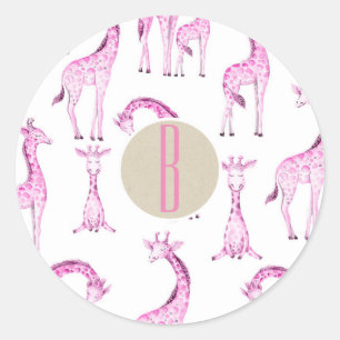 Sticker Rond Giraffes roses Baby shower Fête Monogramme Favoris