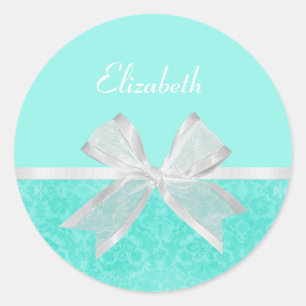 Sticker Rond Girl Aqua Turquoise Damask Ruban blanc avec nom