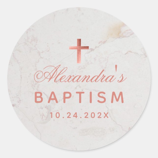 Sticker Rond Girl Baptism Faux Rose Gold Marble Élégant Script (Devant)