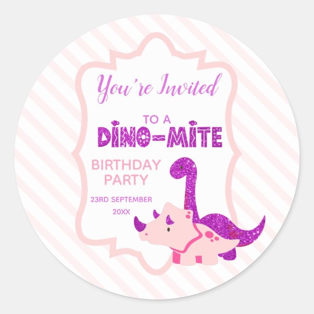Sticker Rond Girl Dinosaur You're Invited to a Birthday Party  (Devant)