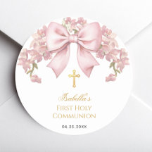 Girl First Communion Pink Bow & Gold Cross Floral 