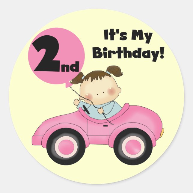 Sticker Rond Girl in Pink Car 2nd Birthday Tshirts et cadeaux (Devant)
