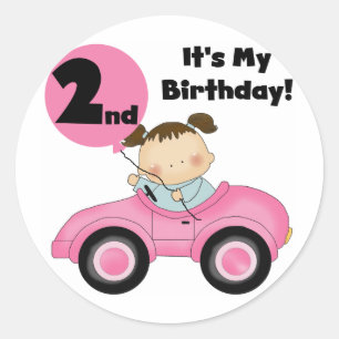 Sticker Rond Girl in Pink Car 2nd Birthday Tshirts et cadeaux