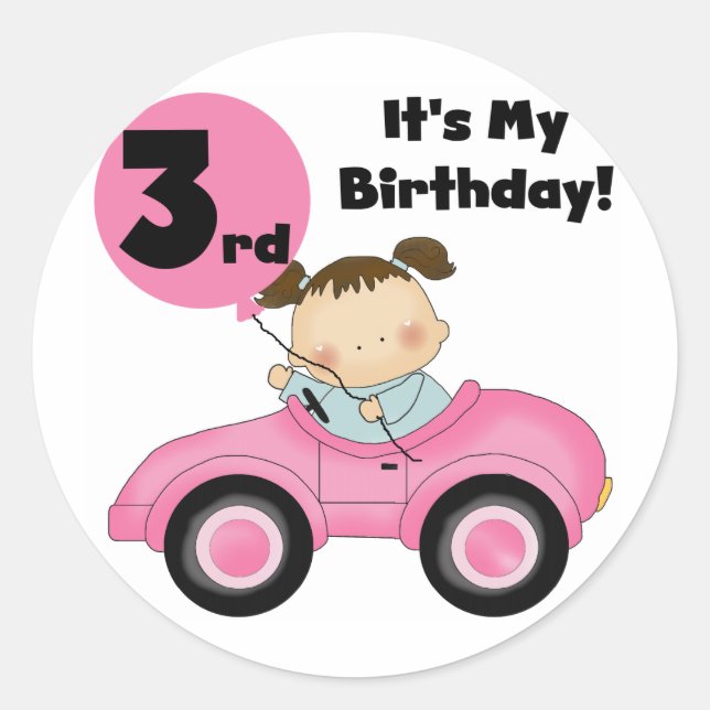 Sticker Rond Girl in Pink Car 3e Anniversaire Tshirts et cadeau (Devant)