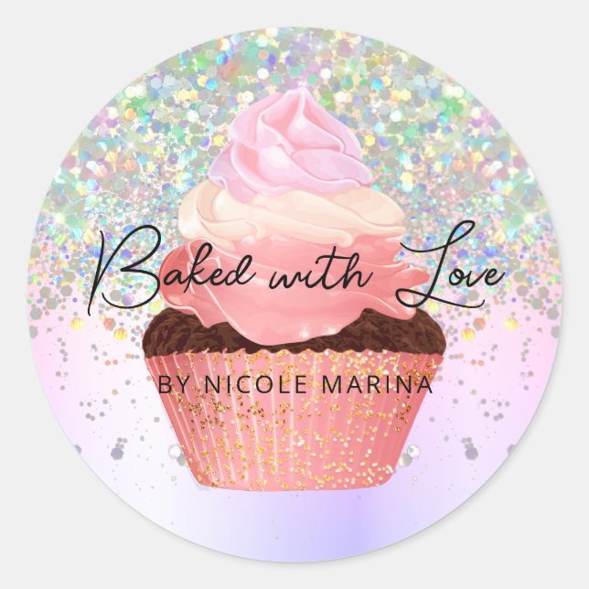 Sticker Rond Girl Pastel Faux Boulangerie Holographique Cupcake (Devant)