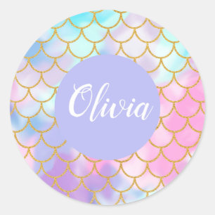 Sticker Rond Girl Pastel Ombre Parties scintillant or Sirène Mo