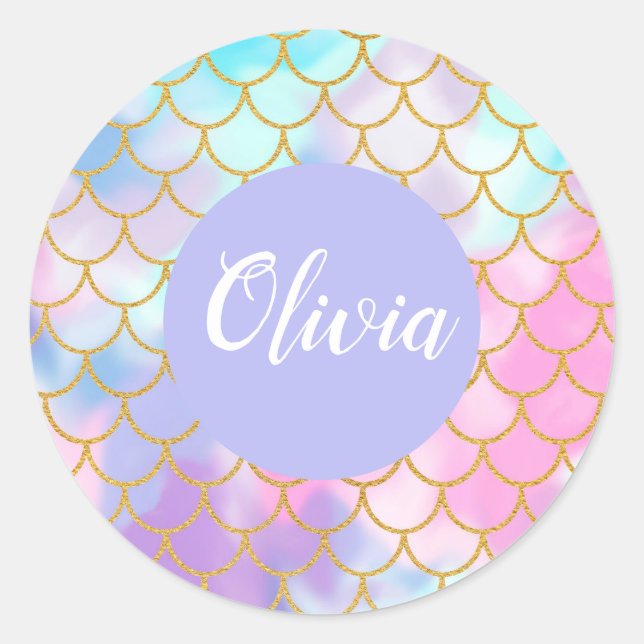 Sticker Rond Girl Pastel Ombre Parties scintillant or Sirène Mo (Devant)