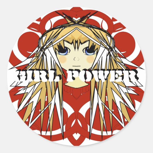 Sticker Rond Girl Power Anime Ultra mignon fille Blonde cheveux (Devant)