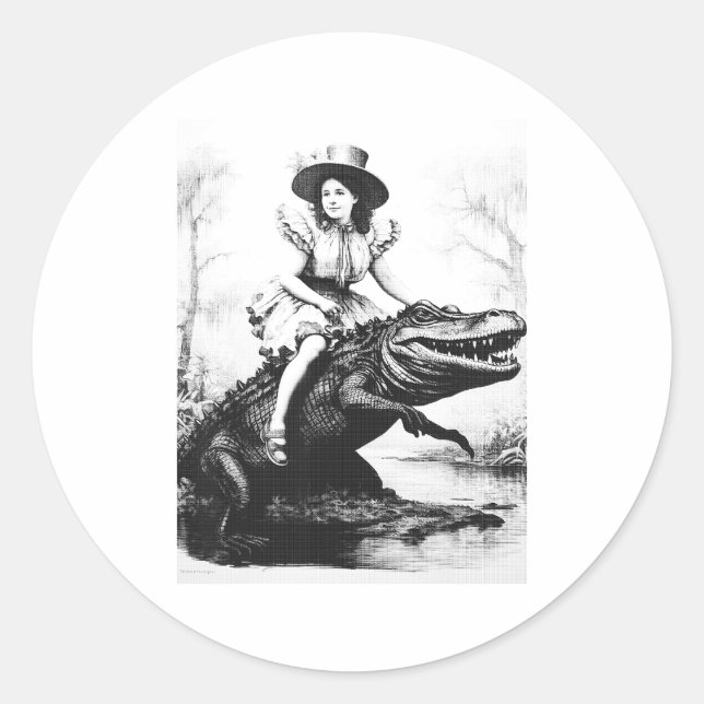 Sticker Rond Girl Riding Alligator _ Weird Funny Florida Crocod (Devant)