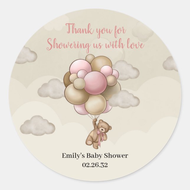 Sticker Rond Girl Teddy ours rose brun beige ballons air chaud (Devant)