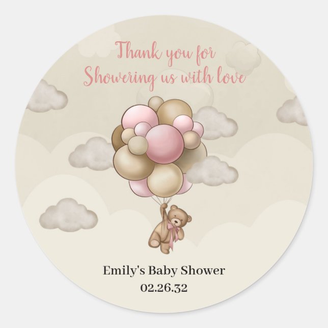 Sticker Rond Girl Teddy ours rose brun beige ballons air chaud (Devant)