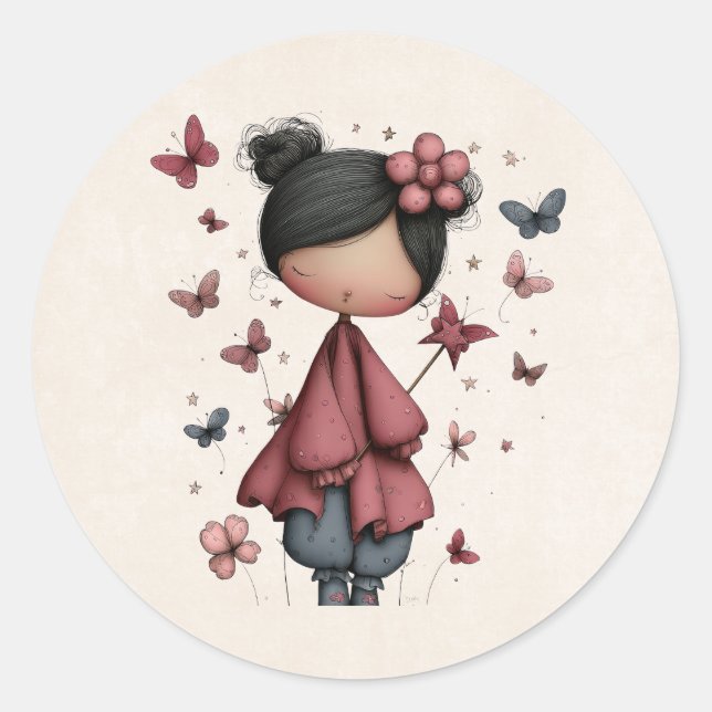 Sticker Rond Girl with Magic Wand and Butterflies (Devant)