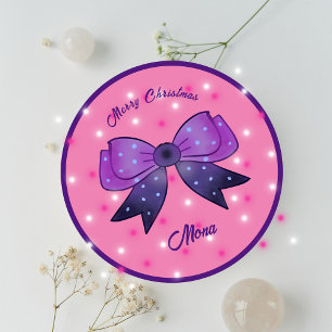 Sticker Rond Girls Cute Bow Joyeux Noël nom personnalisé