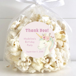 Sticker Rond Girls Cute Pink Unicorn Birthday Thank You