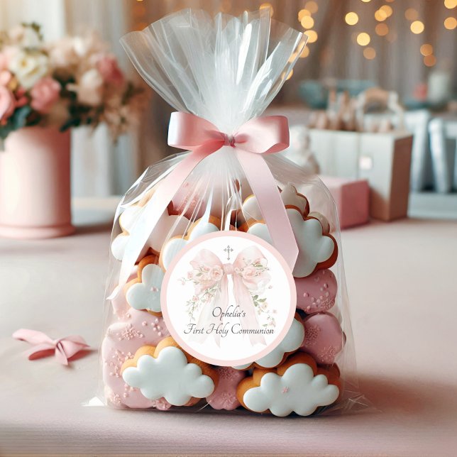 Sticker Rond Girl's Pink Bow Floral First Communion (Créateur téléchargé)