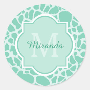 Sticker Rond Girly Mint Green Giraffe Imprimer Monogramme et no