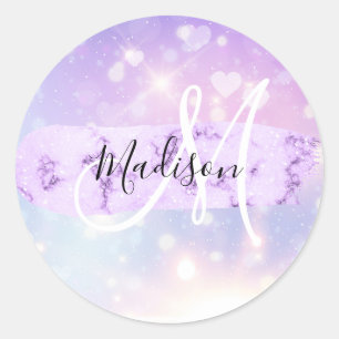 Sticker Rond Girly Sparkly Unicorn Rainbow Hearts Monogramme