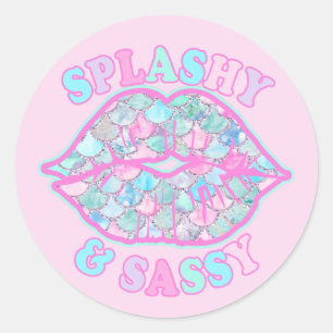 Sticker Rond Girly Splashy & Sassy Rose Turquoise Mermaid Kiss