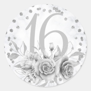 Sticker Rond Girly Sweet 16th Marble Parties scintillant argent