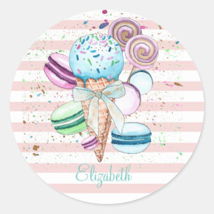 Sticker Rond Glace à l'aquarelle,Macarons,Rayes roses