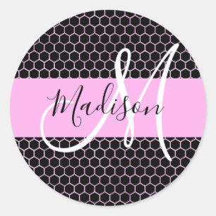 Sticker Rond Glam Black Métallic Rose Nid d'abeille Monogramme