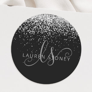 Sticker Rond Glam Black Silver Parties scintillant Nom du monog