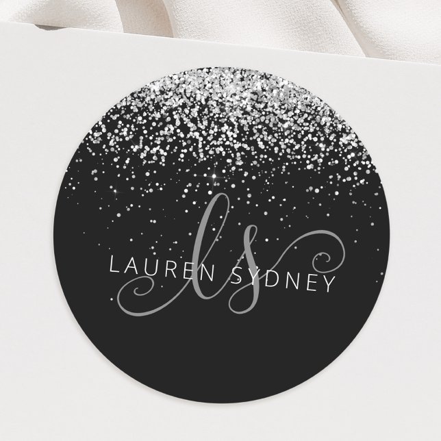 Sticker Rond Glam Black Silver Parties scintillant Nom du monog (Créateur téléchargé)