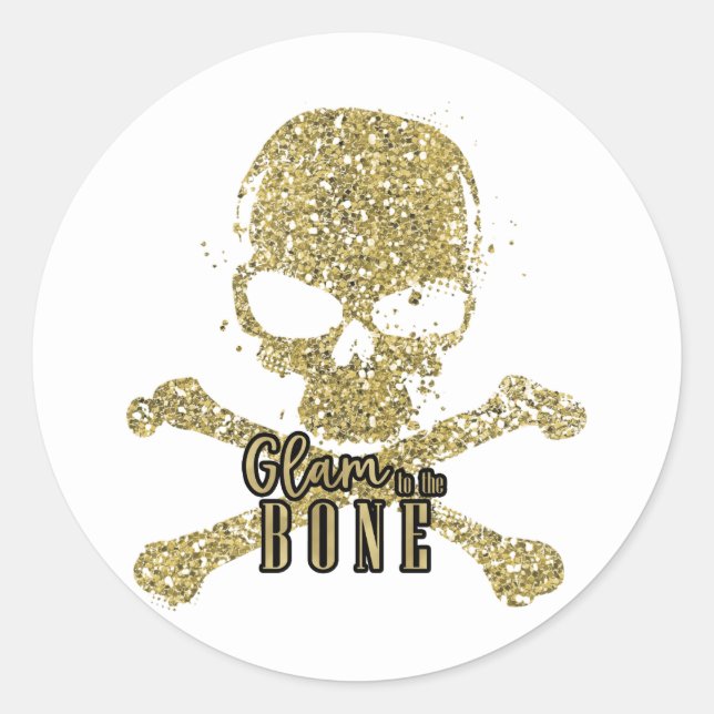 Sticker Rond Glam blanc au crâne de Parties scintillant d'or os (Devant)
