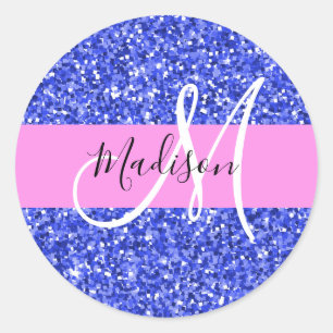 Sticker Rond Glam Bleu Foncé Rose Paillettes Nom Monogramme