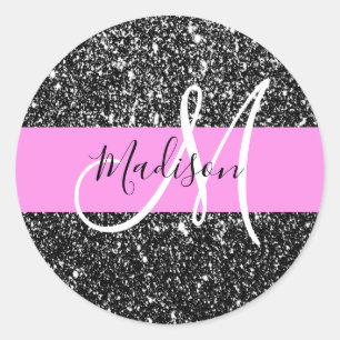 Sticker Rond Glam Chic Rose Parties scintillant noire Nom étinc