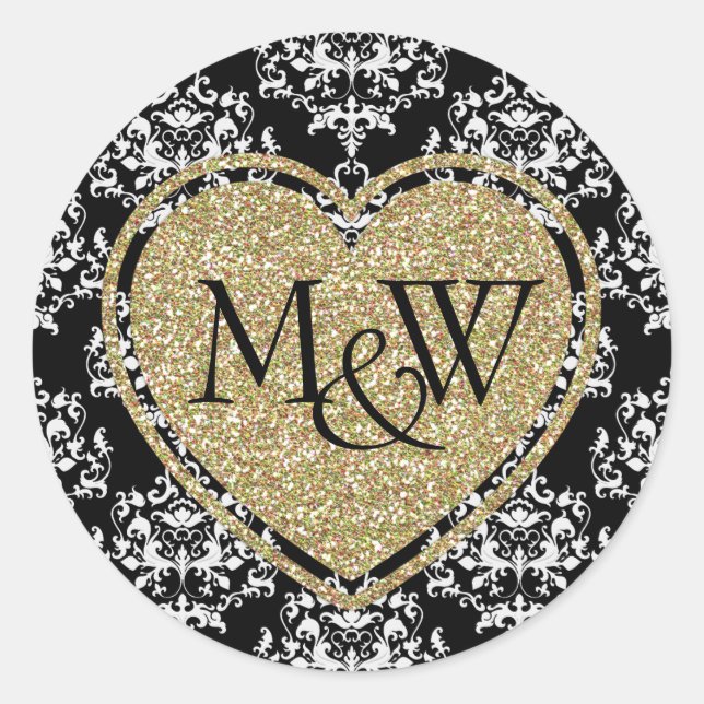 Sticker Rond Glam Damask & Gold Parties scintillant Monogram Ma (Devant)