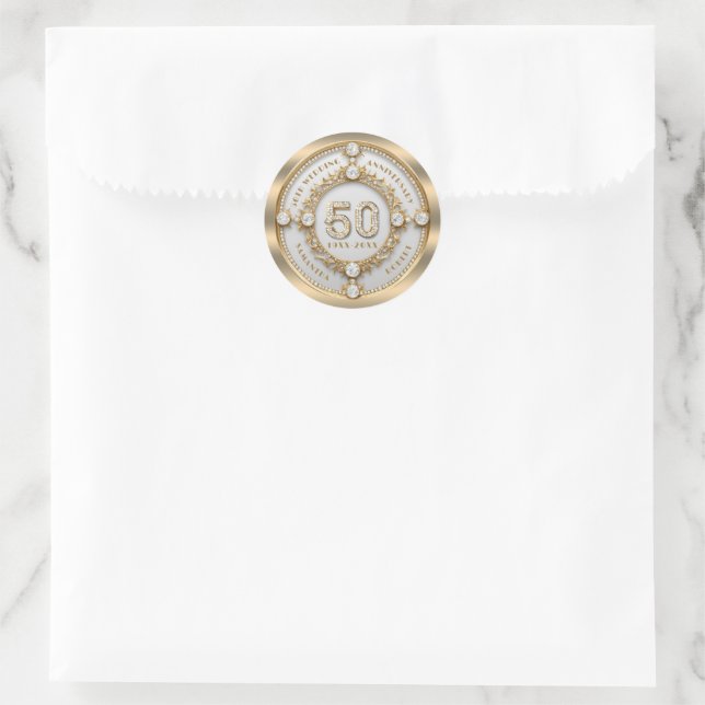 Sticker Rond Glam Diamond & Gold Frame 50e anniversaire de Mari (Sac)