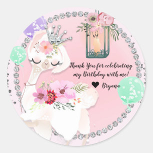 Sticker Rond Glam Diva Llama Princess Whimsical Birthday Party