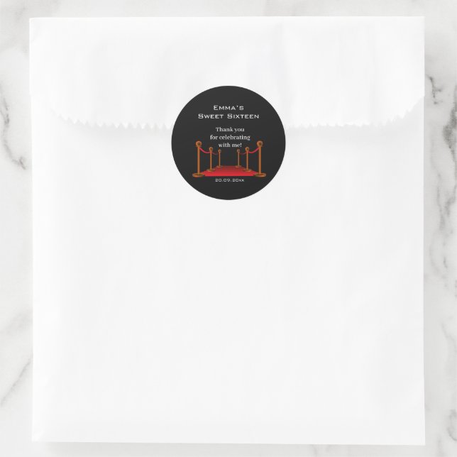 Sticker Rond Glam Elegant Black & Red Carpet Sweet 16 Merci (Sac)