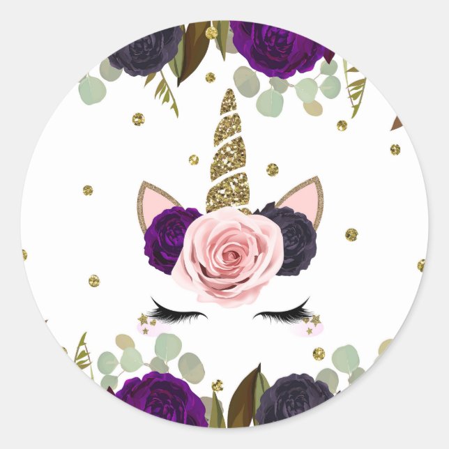 Sticker Rond Glam floral foncé Parties scintillant or Unicorn A (Devant)
