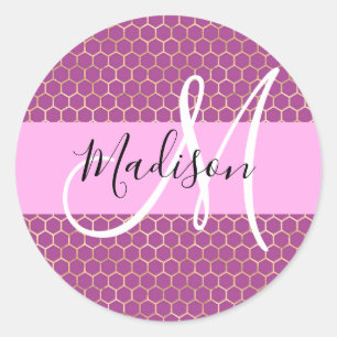 Sticker Rond Glam Fuchsia Metallic rose Honeycomb Nom