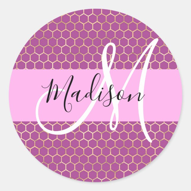 Sticker Rond Glam Fuchsia Metallic rose Honeycomb Nom (Devant)
