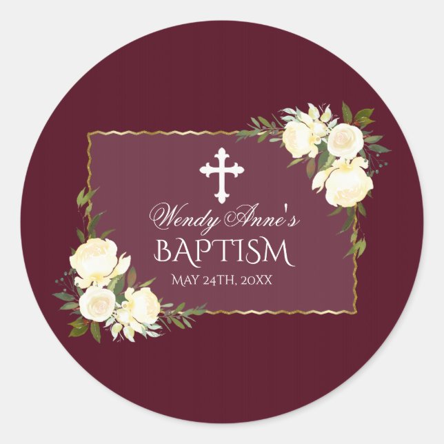 Sticker Rond Glam Gold Burgundy Blanc Floral Baptism Invitation (Devant)