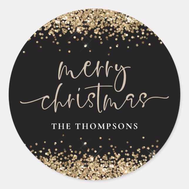 Sticker Rond Glam Gold Glitter Nom Joyeux Noël Noir (Devant)