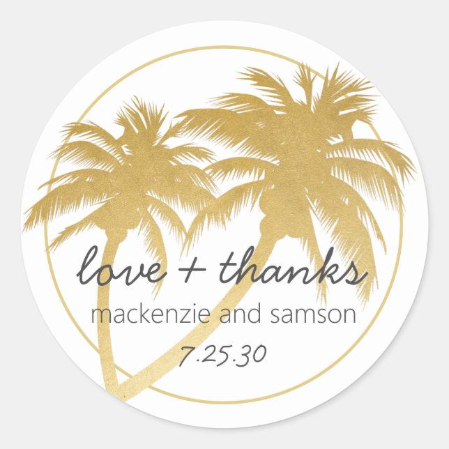 Sticker Rond Glam Gold Palm Tree Beach Mariage Amour et Merci (Devant)
