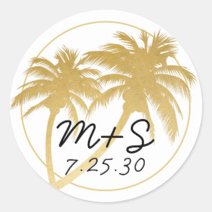 Sticker Rond Glam Gold Palm Tree Beach Mariage Monogramme