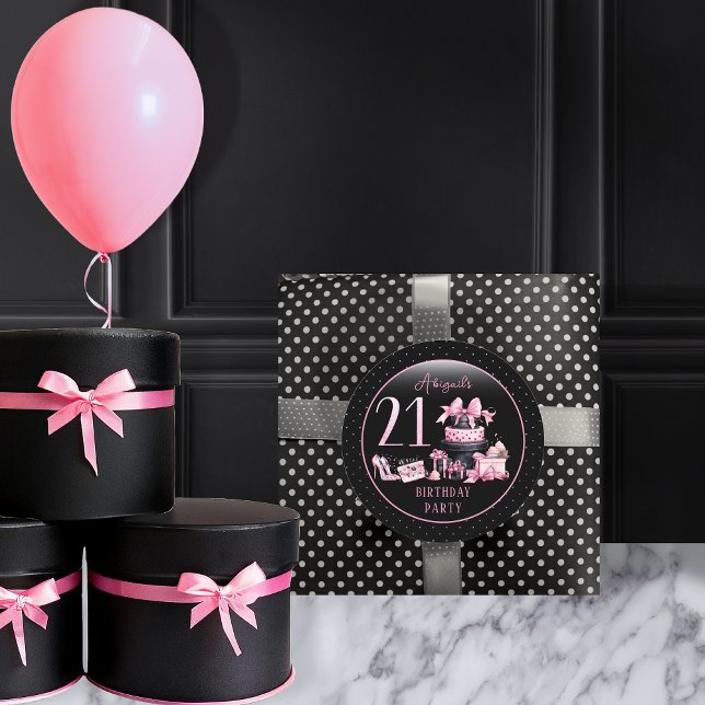 Sticker Rond Glam Pink Black Fashion 21ème anniversaire (Glam Pink and Black French Couture Fashion 21st Birthday Party Favor Stickers)