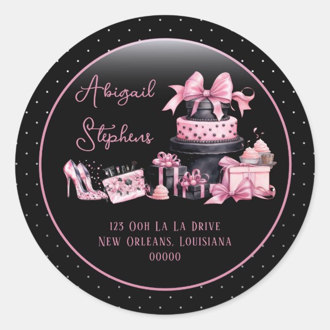 Sticker Rond Glam Pink Black Fashion Adresse de retour Sceau (Devant)