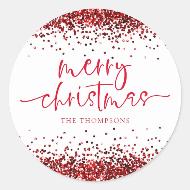 Sticker Rond Glam Red Parties scintillant Joyeux Noël Blanc (Devant)