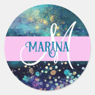Sticker Rond Glam Sirène Aqua Or Paillettes Étincelles Monogram