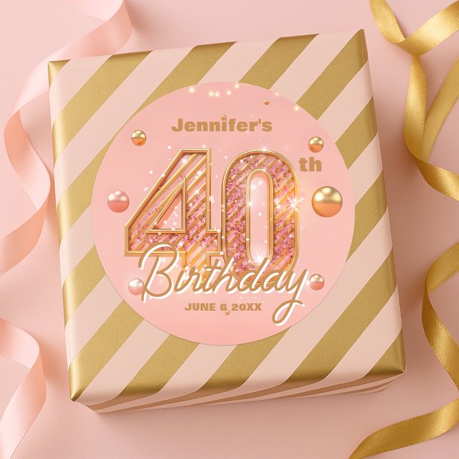 Sticker Rond Glamorous Chic Glitter Rose Gold 40th Birthday  (Créateur téléchargé)