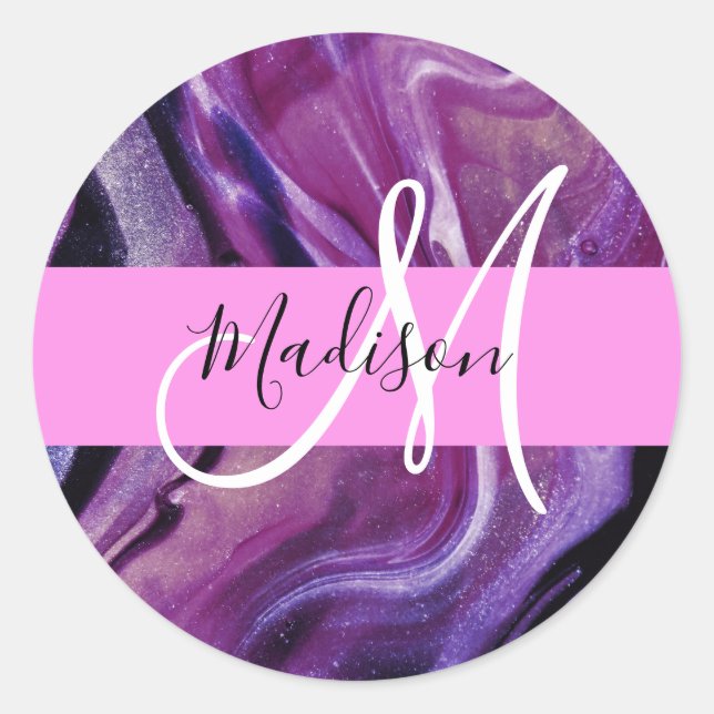 Sticker Rond Glamour Abstrait Texture de Reflet Violet Monogram (Devant)