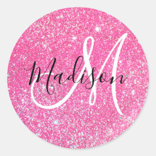 Sticker Rond Glamour Féminin Paillettes Rose Chaud Monogramme N