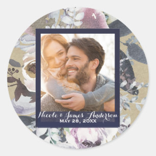 Sticker Rond Glamour Floral Rustique Bleu Kraft Favor Mariage P