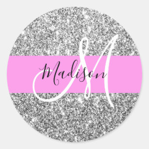 Sticker Rond Glamour Rose & Paillettes Argent Monogramme Nom